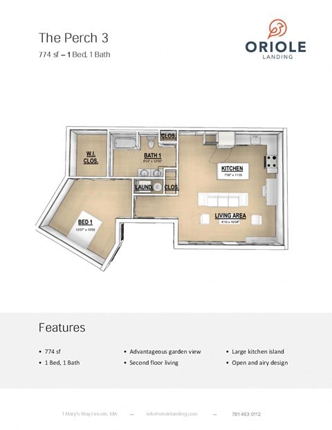 Floor plan for 1 bed, 1 bath, 774 sqft